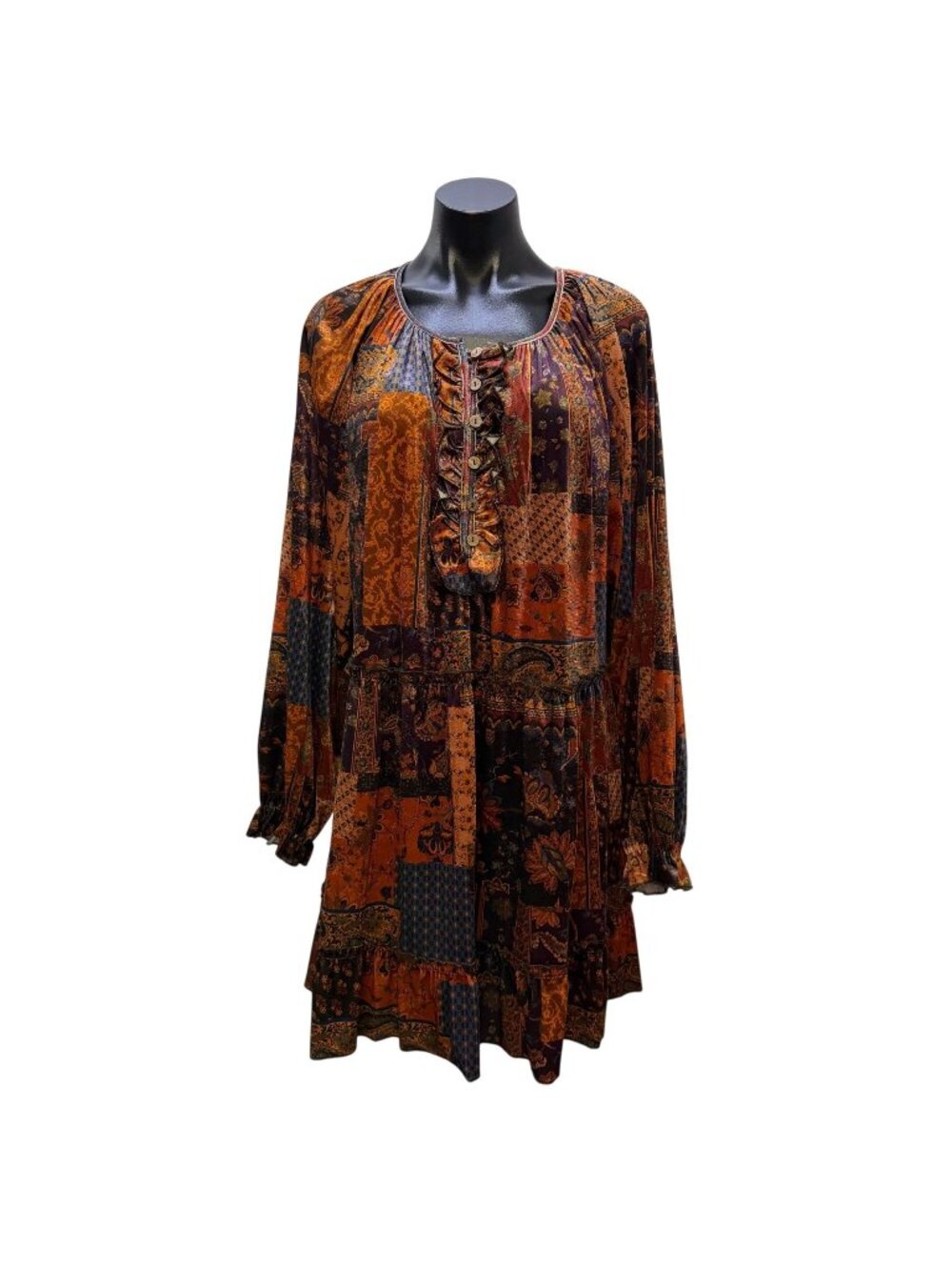 Easel Boho Patchwork Long-Sleeve Tiered Dress Orange & Blue M